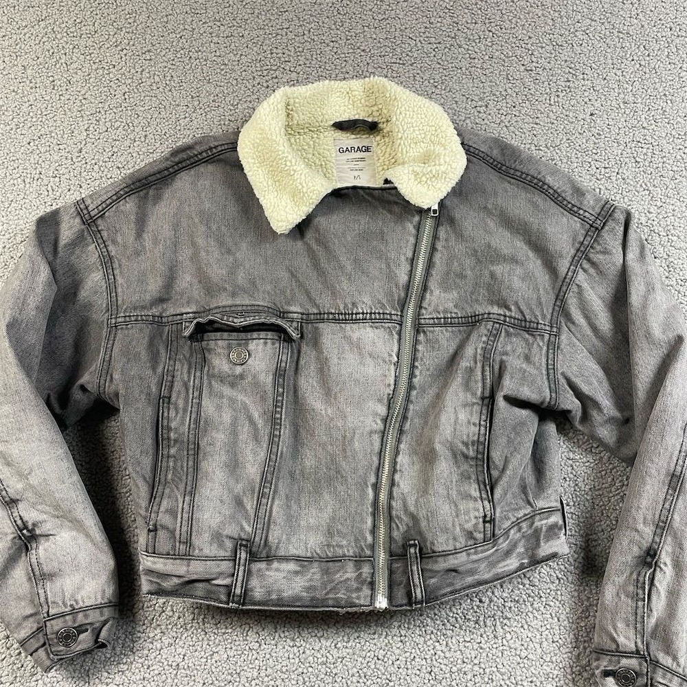 Garage Women's Black Sherpa Lined Denim Jacket cropped Size S Petites‎